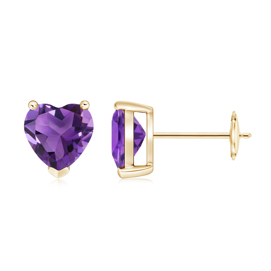 7mm AAA Amethyst Solitaire Heart Stud Earrings in Yellow Gold 