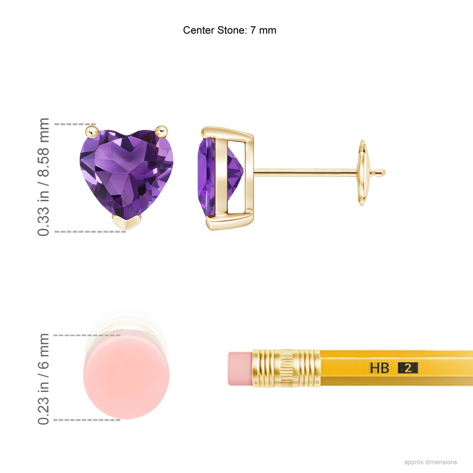7mm AAA Amethyst Solitaire Heart Stud Earrings in Yellow Gold ruler