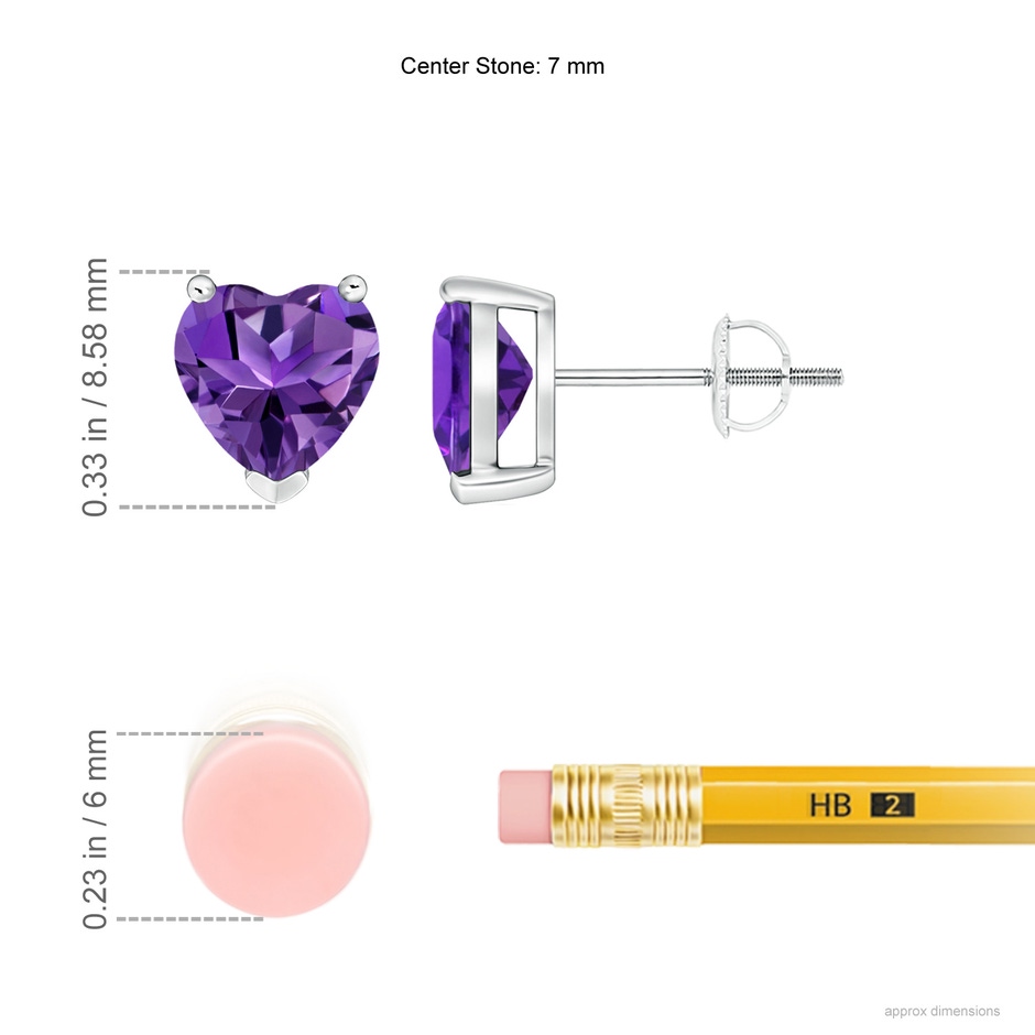 7mm AAAA Amethyst Solitaire Heart Stud Earrings in P950 Platinum ruler