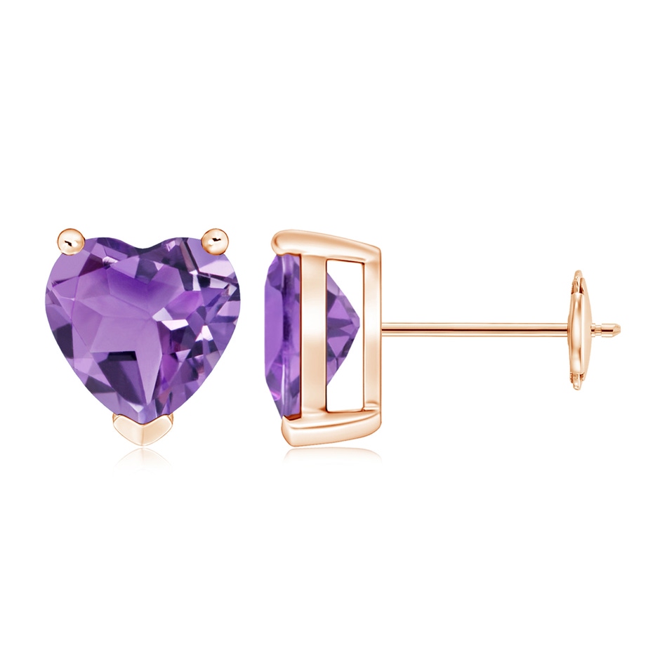 8mm A Amethyst Solitaire Heart Stud Earrings in Rose Gold 