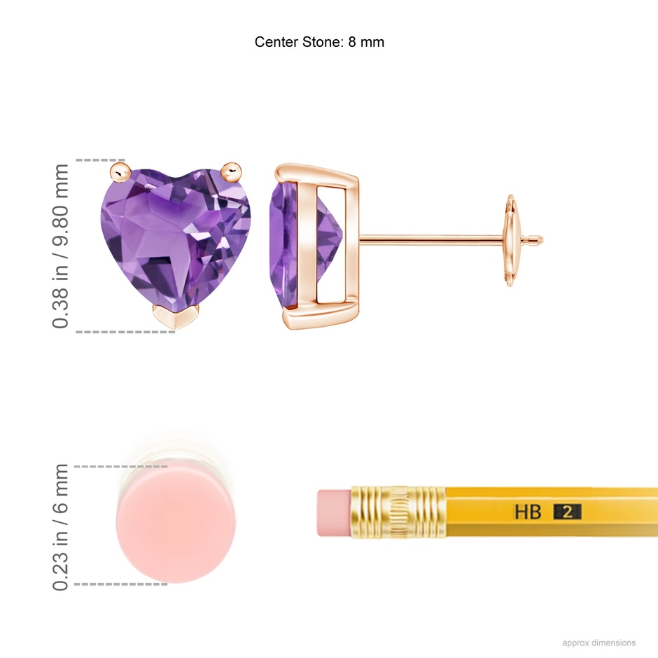 8mm A Amethyst Solitaire Heart Stud Earrings in Rose Gold ruler