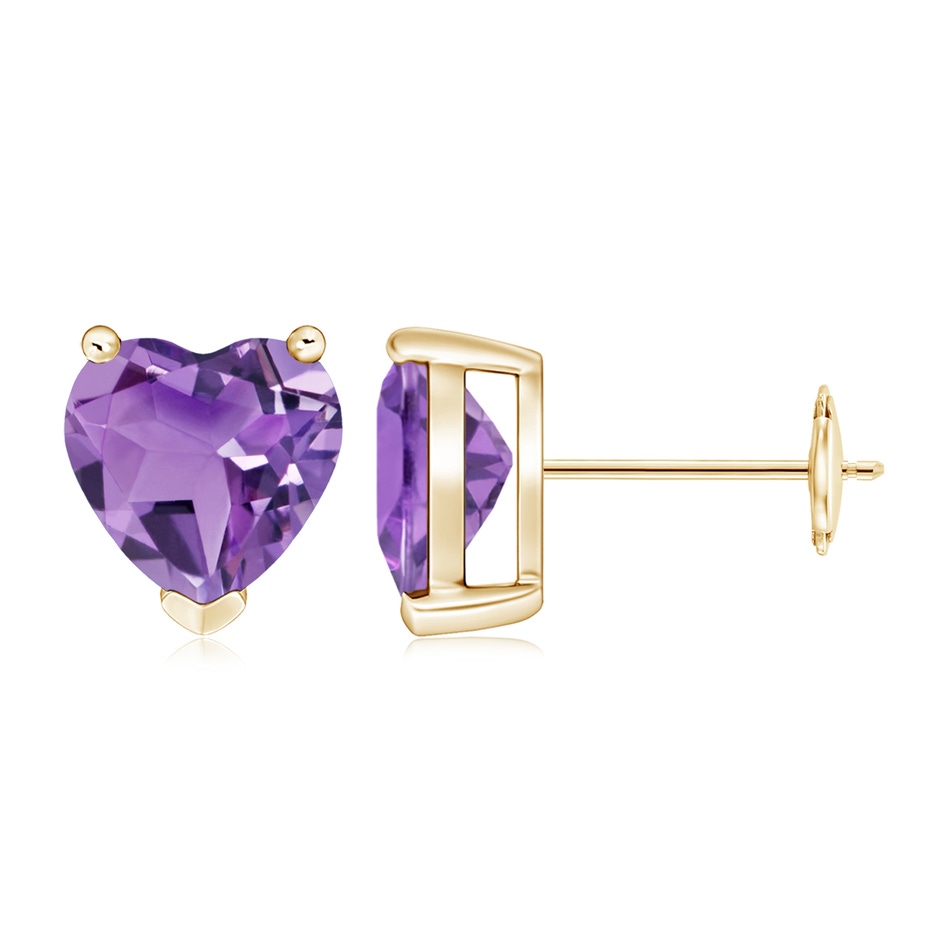 8mm A Amethyst Solitaire Heart Stud Earrings in Yellow Gold 