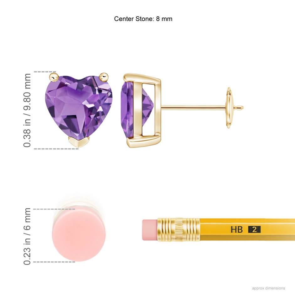 8mm A Amethyst Solitaire Heart Stud Earrings in Yellow Gold ruler