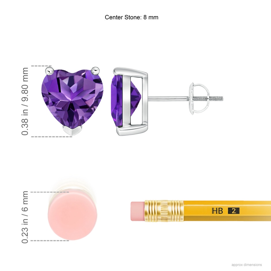 8mm AAAA Amethyst Solitaire Heart Stud Earrings in P950 Platinum ruler