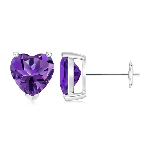 8mm AAAA Amethyst Solitaire Heart Stud Earrings in White Gold