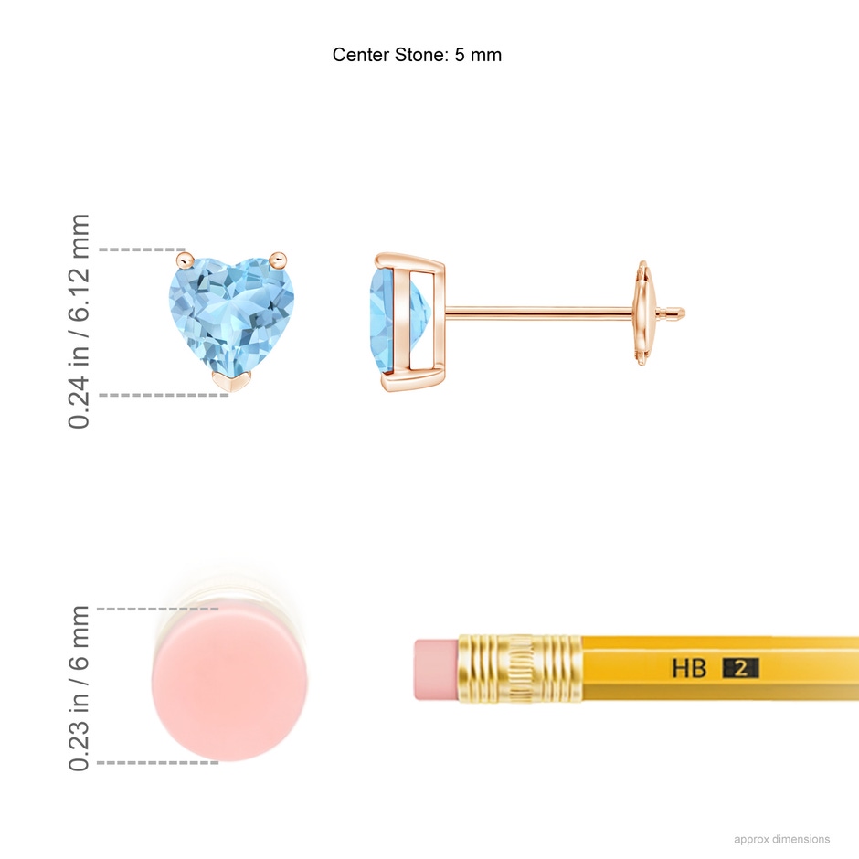 5mm AAA Aquamarine Solitaire Heart Stud Earrings in 9K Rose Gold ruler