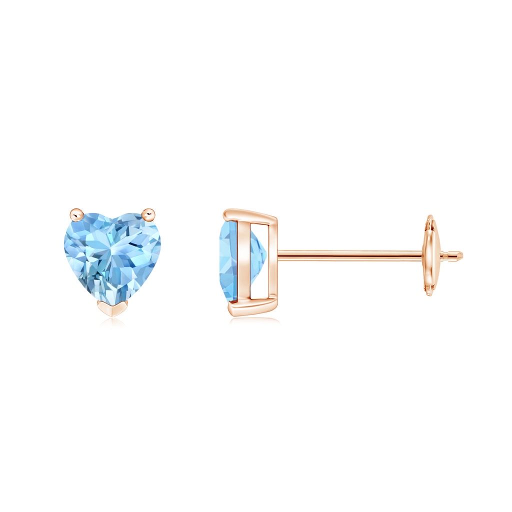 5mm AAAA Aquamarine Solitaire Heart Stud Earrings in Rose Gold