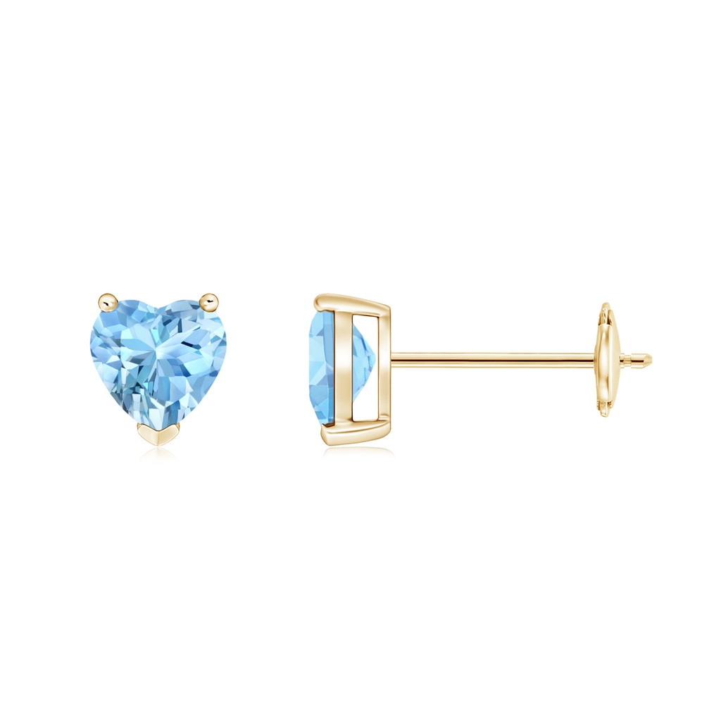 5mm AAAA Aquamarine Solitaire Heart Stud Earrings in Yellow Gold