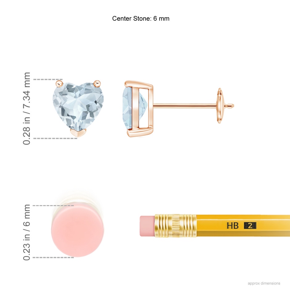 6mm A Aquamarine Solitaire Heart Stud Earrings in Rose Gold ruler