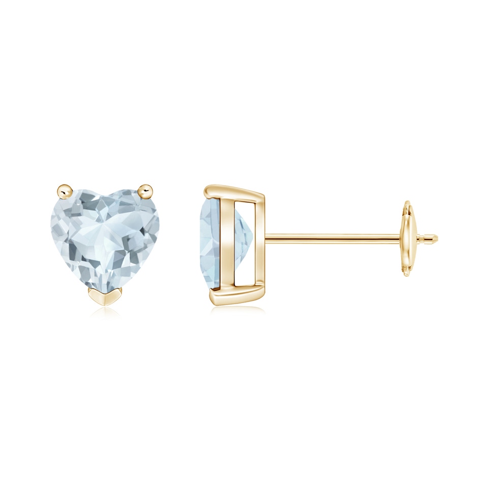6mm A Aquamarine Solitaire Heart Stud Earrings in Yellow Gold 