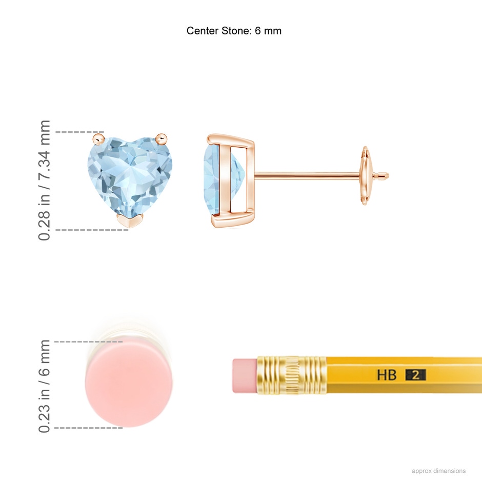 6mm AA Aquamarine Solitaire Heart Stud Earrings in Rose Gold ruler