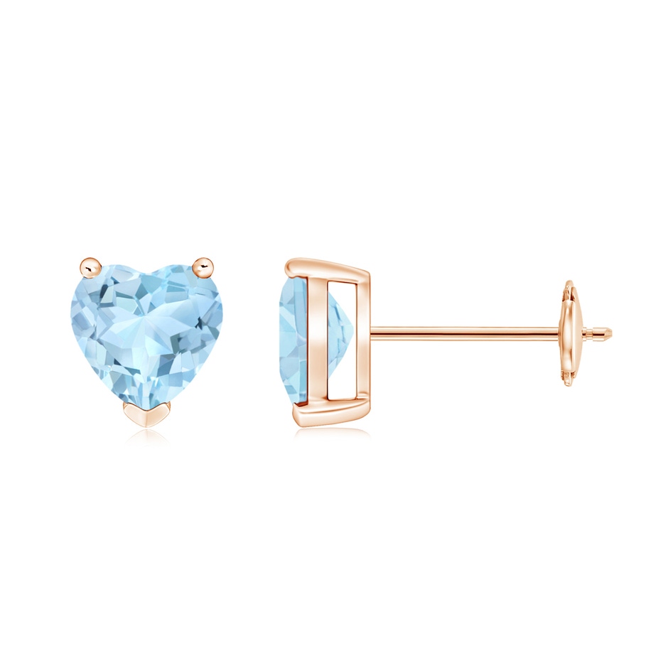 6mm AAA Aquamarine Solitaire Heart Stud Earrings in Rose Gold 