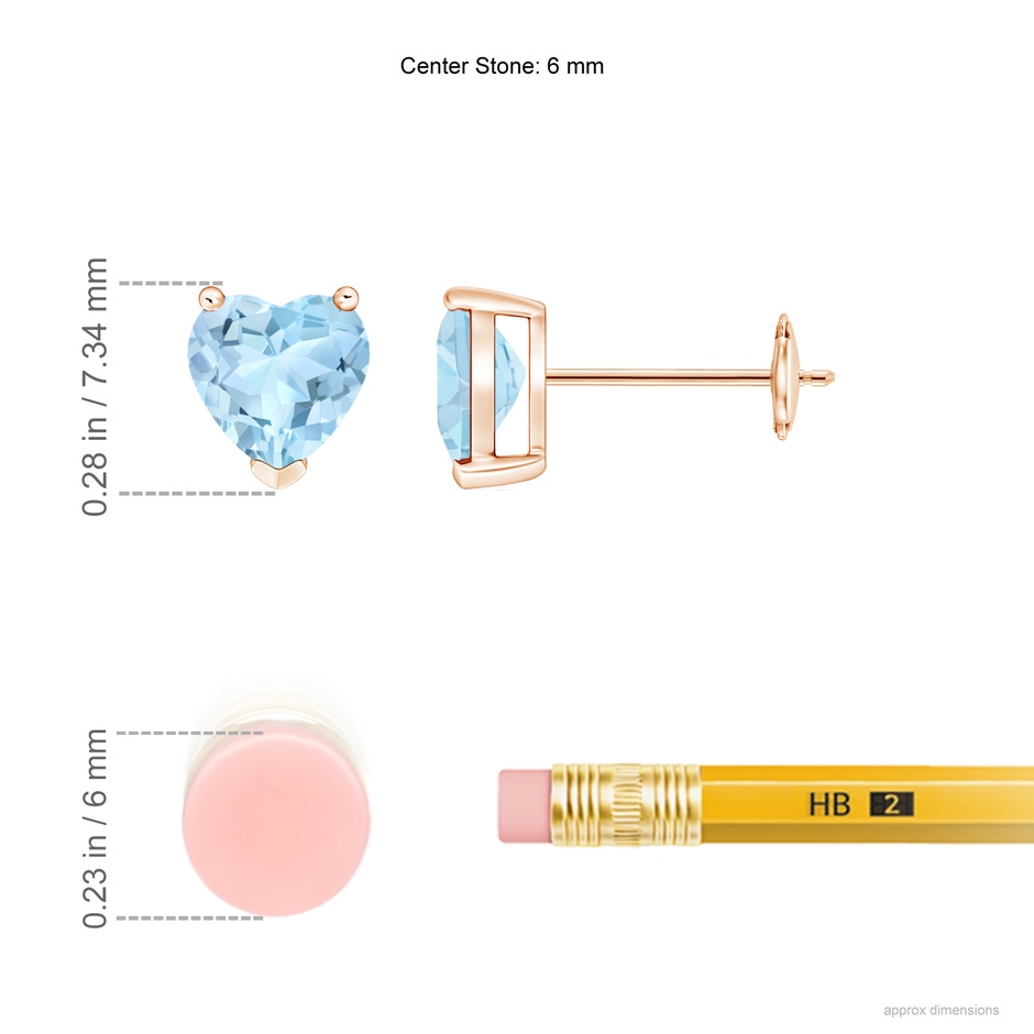 6mm AAA Aquamarine Solitaire Heart Stud Earrings in Rose Gold ruler