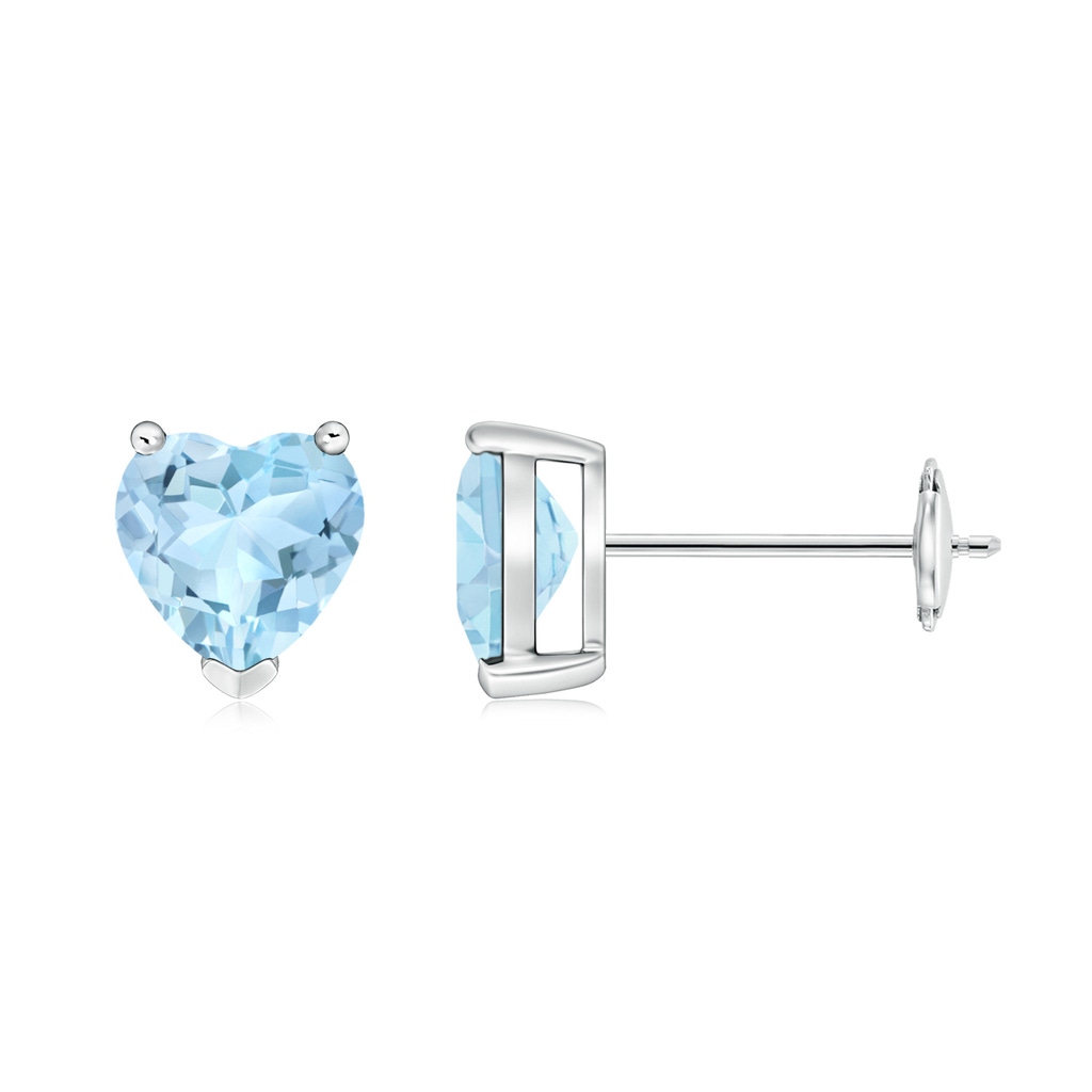 6mm AAA Aquamarine Solitaire Heart Stud Earrings in White Gold