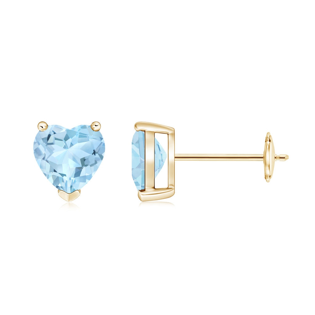 6mm AAA Aquamarine Solitaire Heart Stud Earrings in Yellow Gold