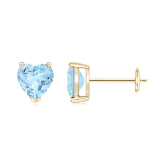 6mm AAA Aquamarine Solitaire Heart Stud Earrings in Yellow Gold