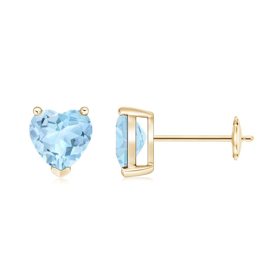 6mm AAA Aquamarine Solitaire Heart Stud Earrings in Yellow Gold 