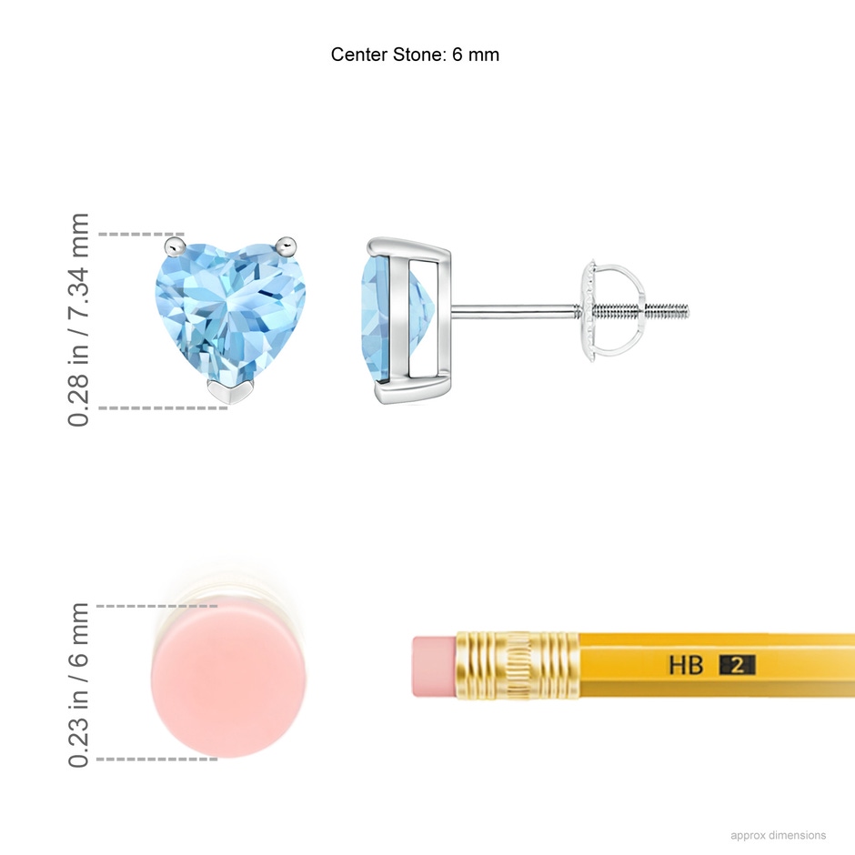 6mm AAAA Aquamarine Solitaire Heart Stud Earrings in P950 Platinum ruler