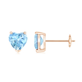 6mm AAAA Aquamarine Solitaire Heart Stud Earrings in Rose Gold