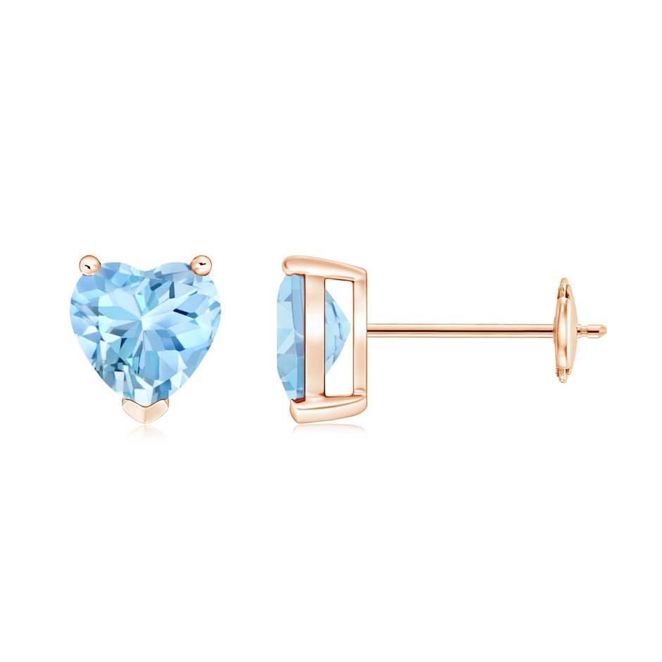6mm AAAA Aquamarine Solitaire Heart Stud Earrings in Rose Gold 