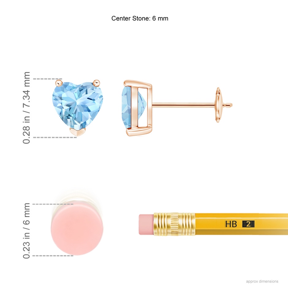 6mm AAAA Aquamarine Solitaire Heart Stud Earrings in Rose Gold ruler