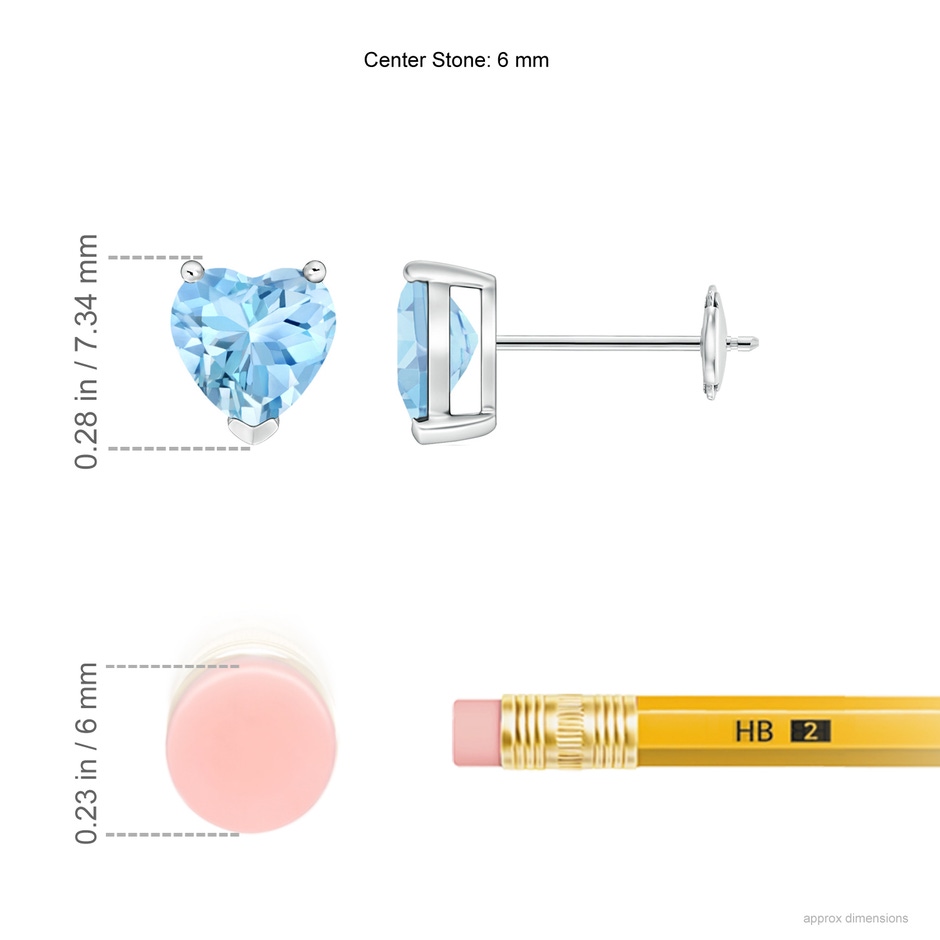 6mm AAAA Aquamarine Solitaire Heart Stud Earrings in White Gold ruler