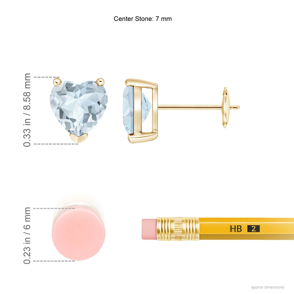 7mm A Aquamarine Solitaire Heart Stud Earrings in Yellow Gold ruler