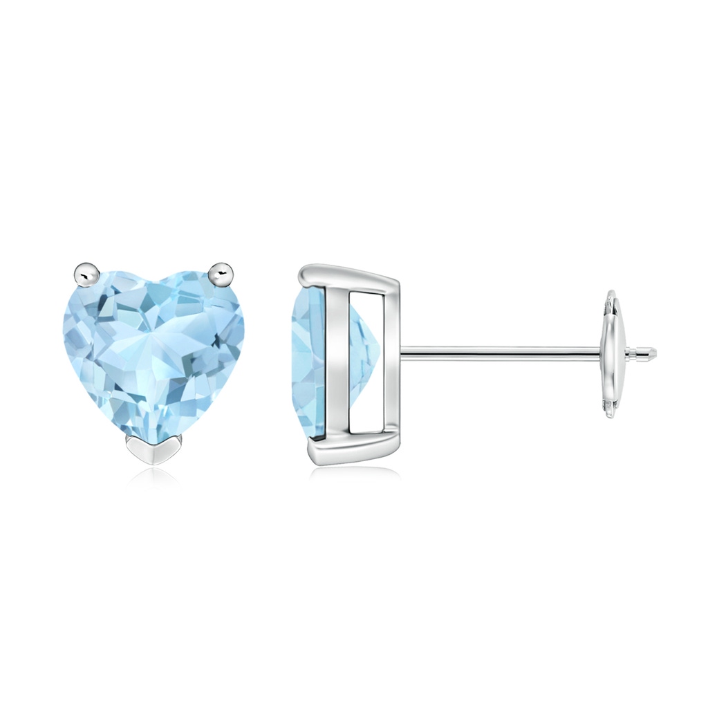 7mm AAA Aquamarine Solitaire Heart Stud Earrings in White Gold