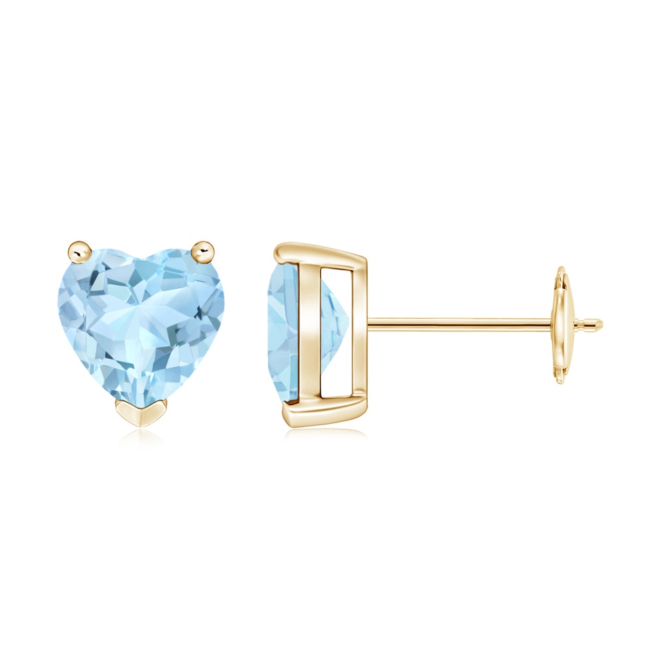 7mm AAA Aquamarine Solitaire Heart Stud Earrings in Yellow Gold 