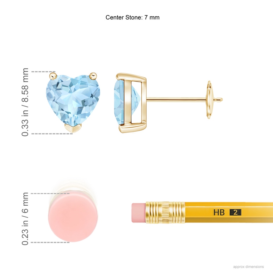 7mm AAA Aquamarine Solitaire Heart Stud Earrings in Yellow Gold ruler