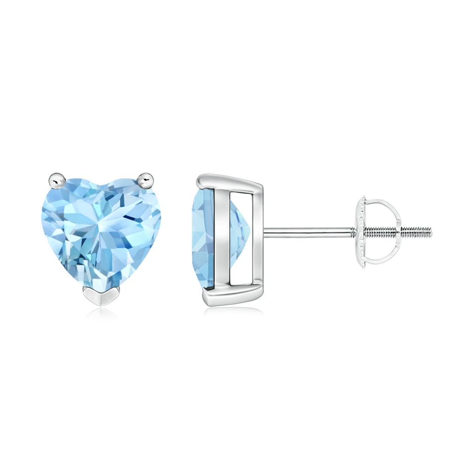 7mm AAAA Aquamarine Solitaire Heart Stud Earrings in P950 Platinum 