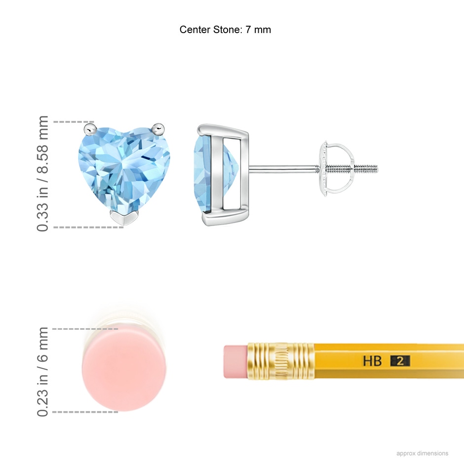 7mm AAAA Aquamarine Solitaire Heart Stud Earrings in P950 Platinum ruler