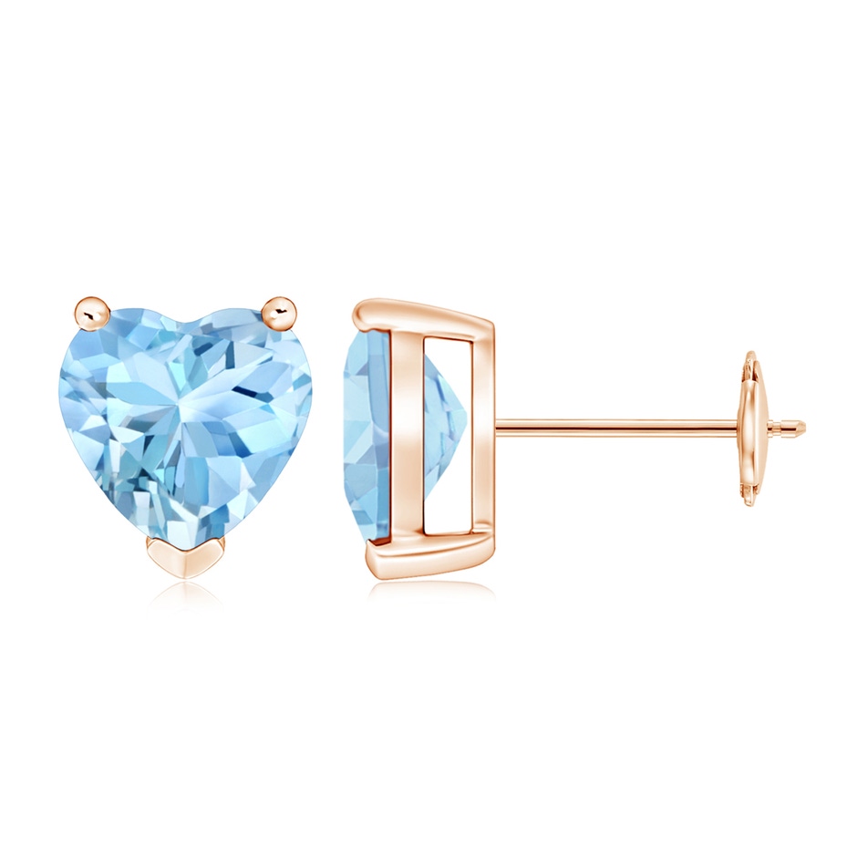 8mm AAAA Aquamarine Solitaire Heart Stud Earrings in Rose Gold 