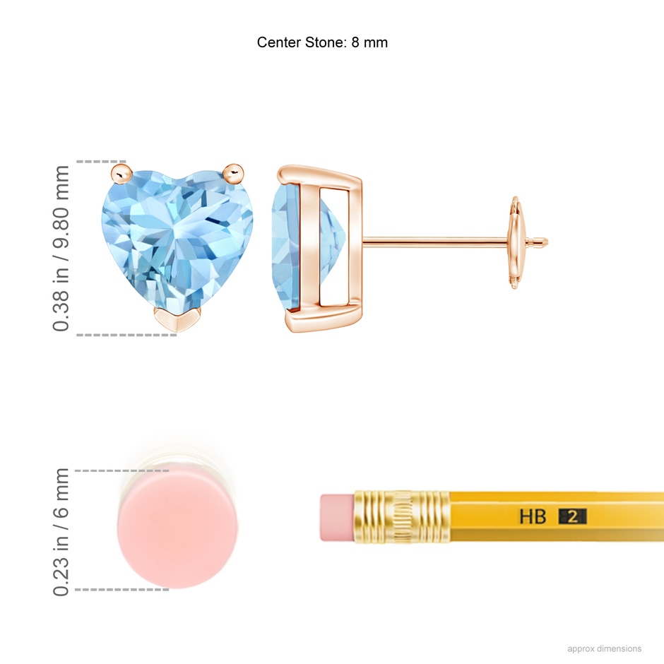 8mm AAAA Aquamarine Solitaire Heart Stud Earrings in Rose Gold ruler