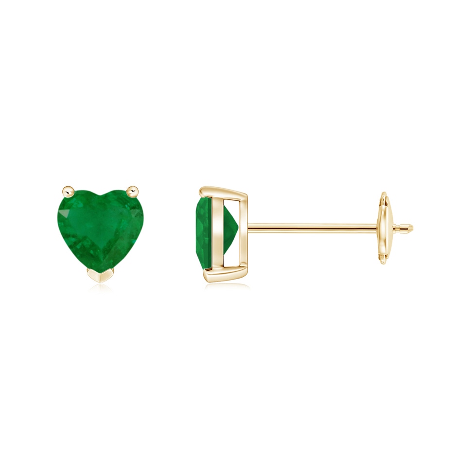 5mm A Emerald Solitaire Heart Stud Earrings in 10K Yellow Gold 