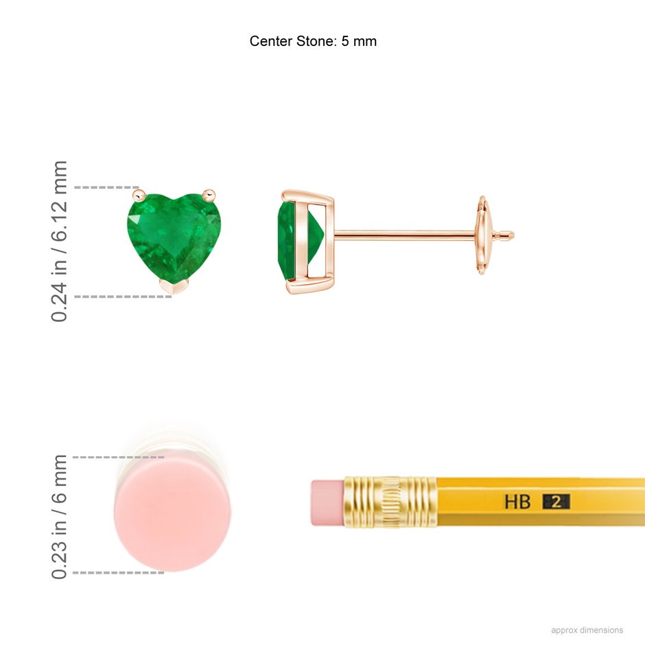 5mm AA Emerald Solitaire Heart Stud Earrings in Rose Gold ruler