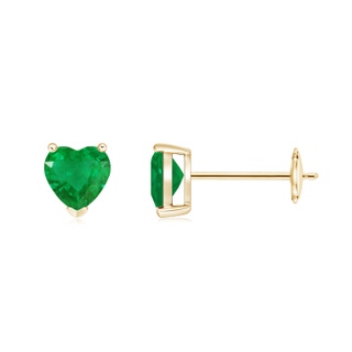 5mm AA Emerald Solitaire Heart Stud Earrings in Yellow Gold