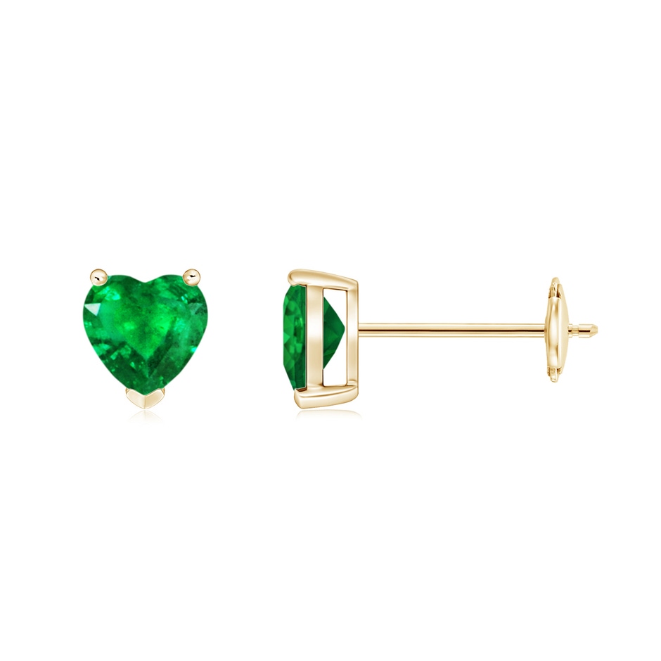 5mm AAA Emerald Solitaire Heart Stud Earrings in Yellow Gold 