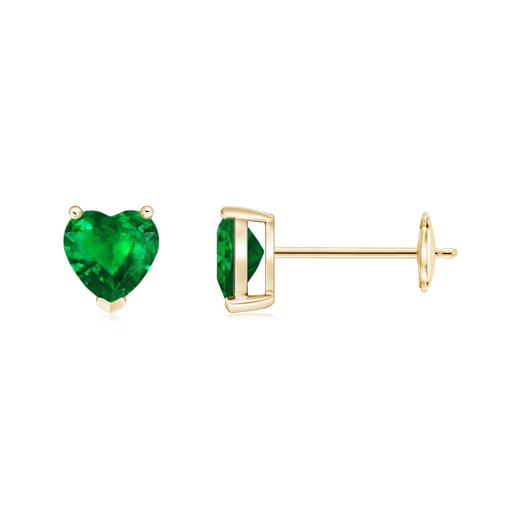 5mm AAAA Emerald Solitaire Heart Stud Earrings in Yellow Gold