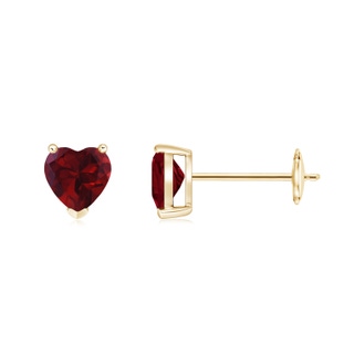 5mm AA Garnet Solitaire Heart Stud Earrings in Yellow Gold