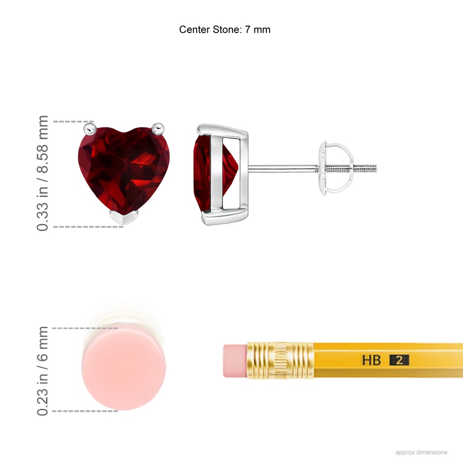 7mm AAAA Garnet Solitaire Heart Stud Earrings in P950 Platinum ruler