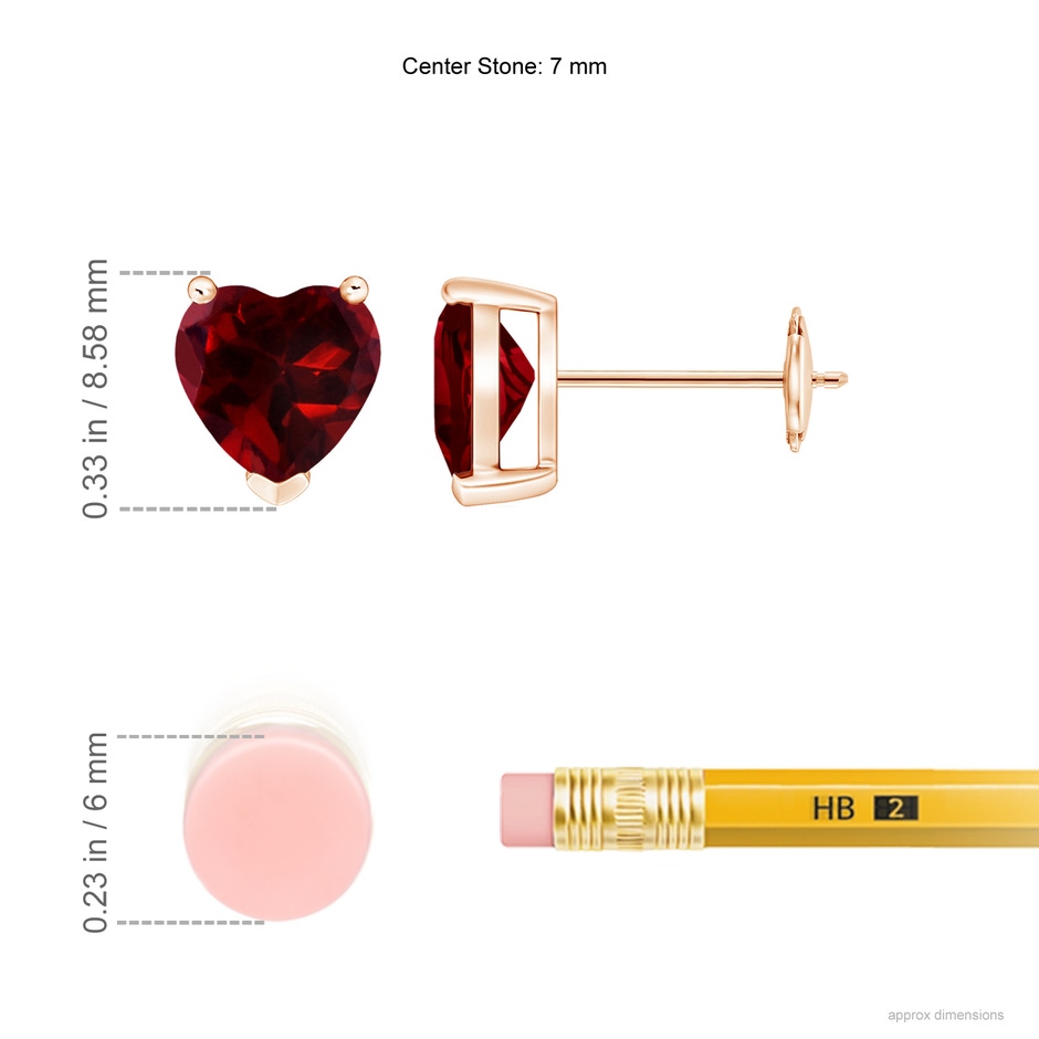 7mm AAAA Garnet Solitaire Heart Stud Earrings in Rose Gold ruler