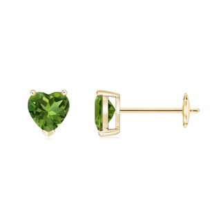 5mm AAAA Peridot Solitaire Heart Stud Earrings in Yellow Gold