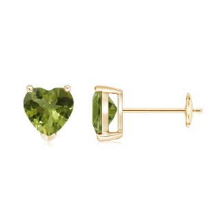 6mm A Peridot Solitaire Heart Stud Earrings in Yellow Gold