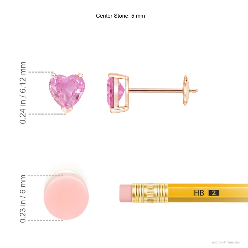 5mm A Pink Sapphire Solitaire Heart Stud Earrings in Rose Gold ruler