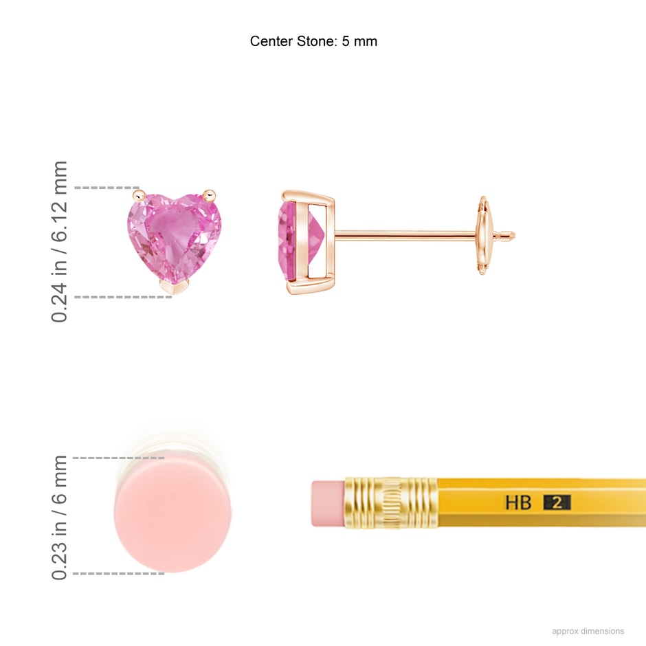 5mm AA Pink Sapphire Solitaire Heart Stud Earrings in Rose Gold ruler