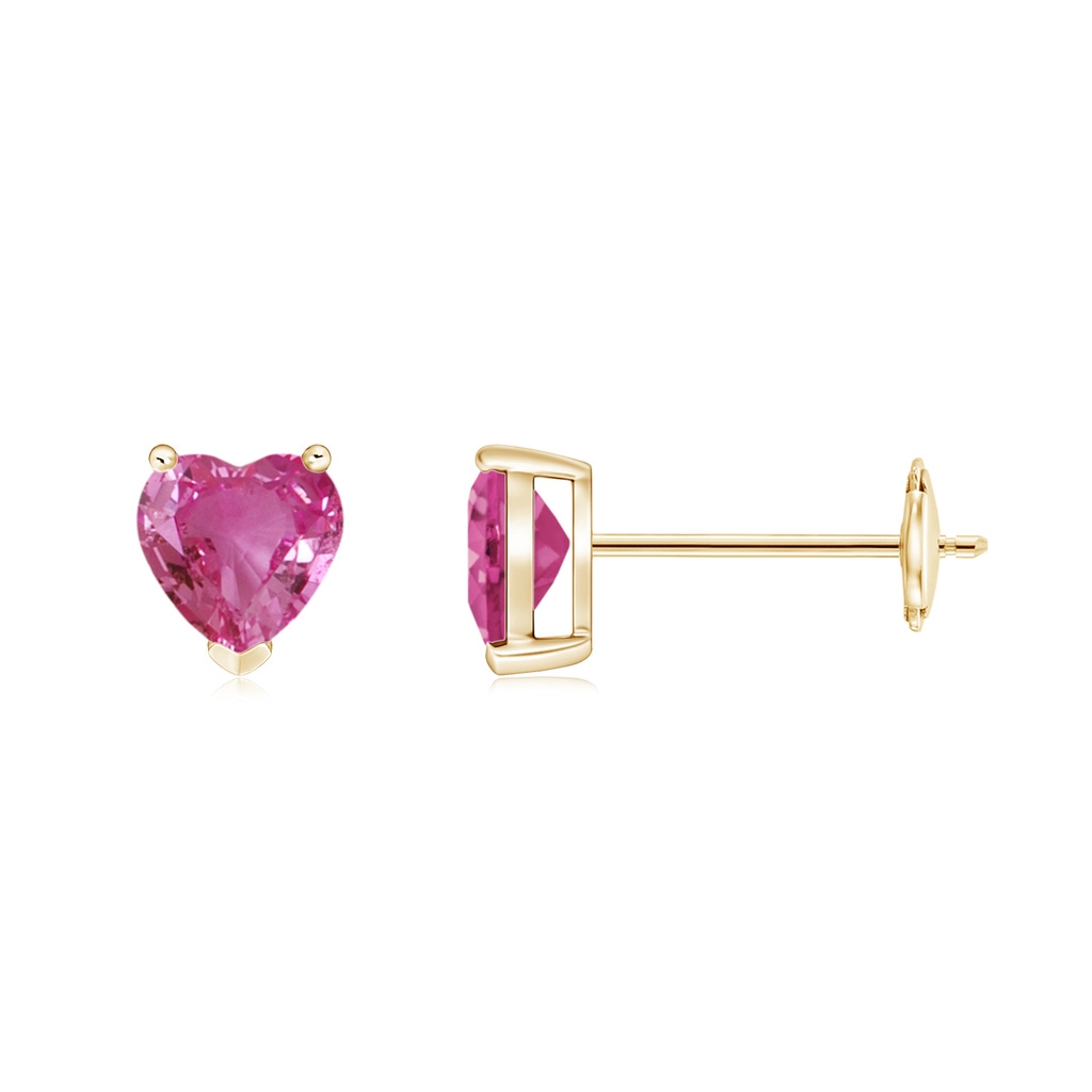 5mm AAAA Pink Sapphire Solitaire Heart Stud Earrings in Yellow Gold