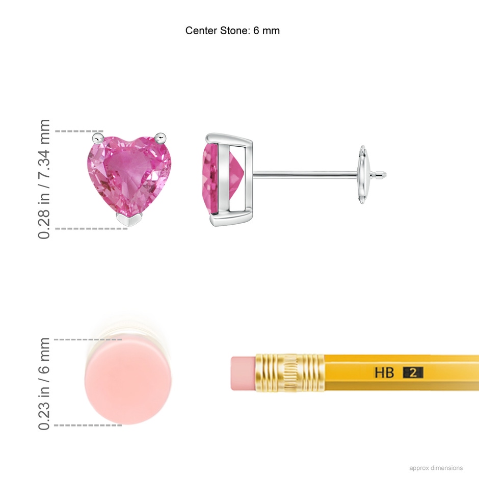 6mm AAA Pink Sapphire Solitaire Heart Stud Earrings in White Gold Ruler