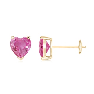 6mm AAA Pink Sapphire Solitaire Heart Stud Earrings in Yellow Gold