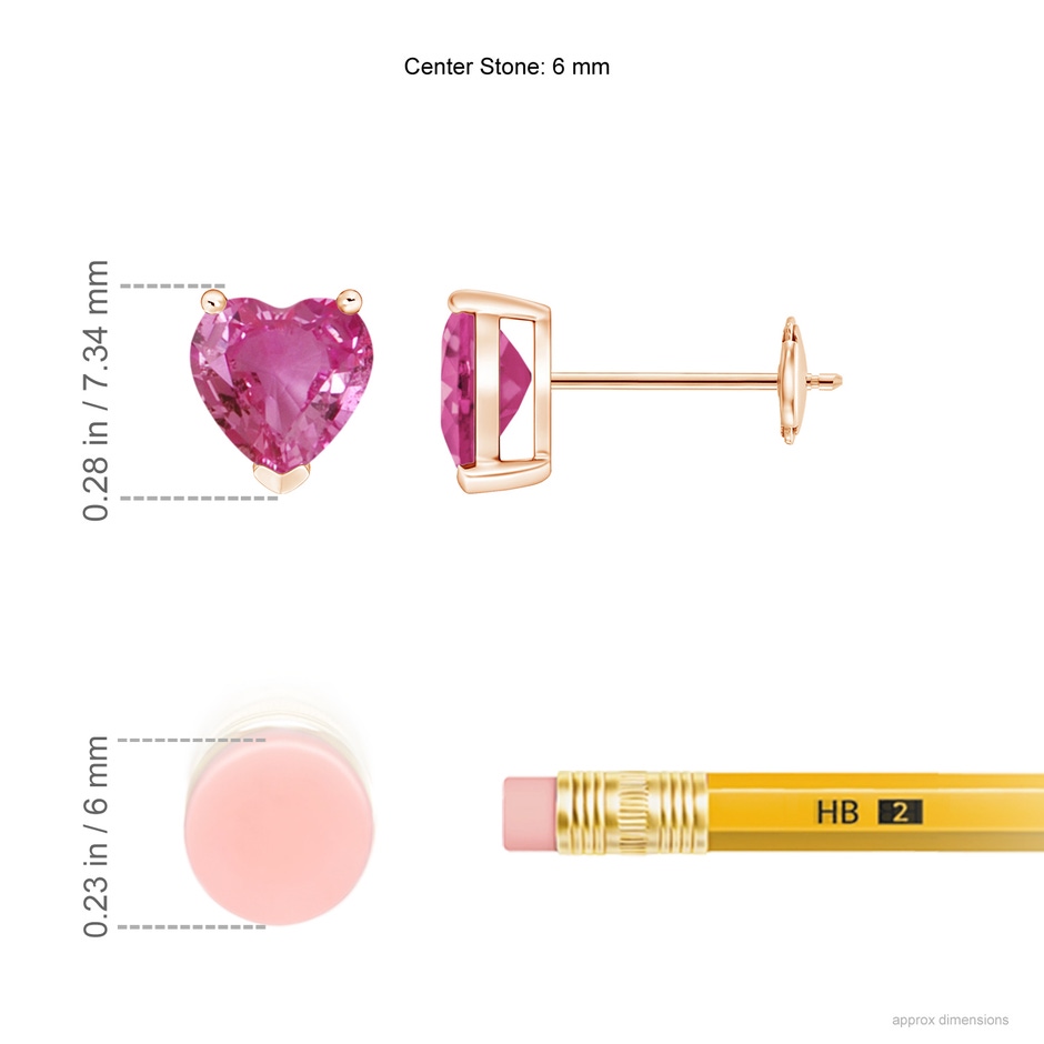 6mm AAAA Pink Sapphire Solitaire Heart Stud Earrings in Rose Gold ruler